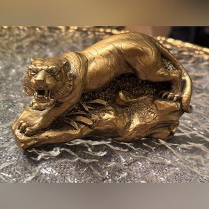 Vintage Gilt Tiger Figurine • Strong Guardian Sculpture • Gold-Tone Cast Metal